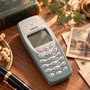 May include: A vintage Nokia mobile phone with a light blue and white plastic casing, featuring a monochrome display screen, a standard numeric keypad with alphanumeric characters, and dedicated navigation buttons below the screen.