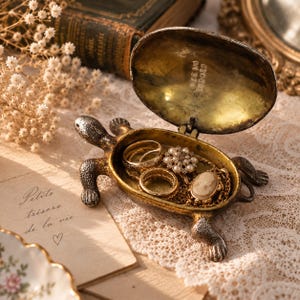 May include: A metallic turtle-shaped trinket box with an open hinged lid, featuring a weathered gold and silver finish. The interior contains several pieces of jewelry, including two plain bands, a floral-shaped brooch, and a cameo pendant.
