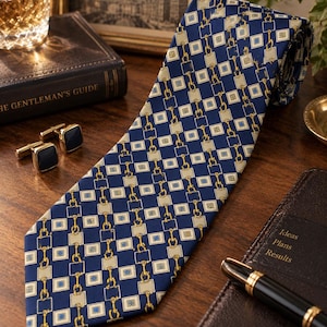 Puede incluir: Una corbata azul marino con un patrón repetitivo de cuadrados color crema y eslabones de cadena dorados. La corbata se acompaña de un par de gemelos cuadrados con centros azul oscuro, un libro titulado The Gentleman's Guide y un cuaderno negro.