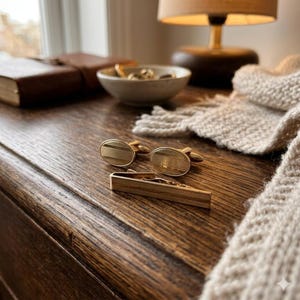 Op de afbeelding: Goudkleurige manchetknopen en een stropdasklem met een textuurontwerp. De ovale manchetknopen en rechthoekige stropdasklem worden weergegeven op een houten oppervlak, naast een kleine kom en een boek. De scène wordt verlicht door een warme lamp.