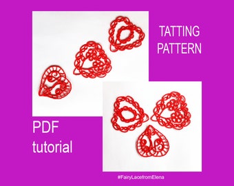 Tatting pattern  three hearts, PDF and video tutorial, set of 3