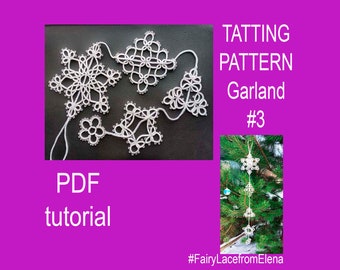 Patrón de guirnalda de copos de nieve en frivolité (PDF y vídeo), 5 copos de nieve, Navidad, Boda, fácil – Guirnalda 3