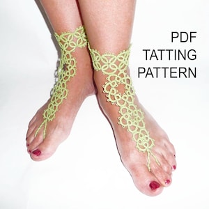 May include: PDF Tatting Pattern for a pair of green crocheted foot jewelry. The jewelry is made of delicate, intricate lace.