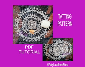 Può includere: Un centrino bianco all'uncinetto con un motivo delicato. Il centrino è su uno sfondo di pelliccia marrone. Il testo "TATTING PATTERN" e "PDF TUTORIAL" è visibile. L'hashtag "#FairyLacefromElena" è anche visibile.