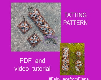 Tatting pattern Celtic jewelry set Stephanie. PDF and video tutorial for bracelet and earrings. For shuttle tatting or needle tatting.