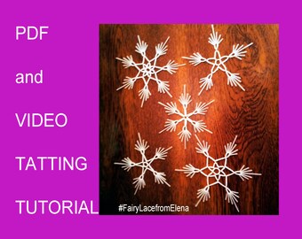 PDF & video 5 Snowflake tatting patterns, long picots, shuttle tatting, easy