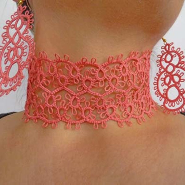 Tatting earrings and necklace coral  - Gift for her - party cocktail - for Mom