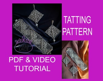Tatting pattern Celtic jewelry set Danuta. PDF and video tutorial for bracelet and earrings. For shuttle tatting or needle tatting.