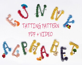 Tatting Pattern PDF  " Funny Alphabet " ,  PDF and video tutorial download