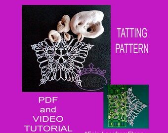 Può includere: Tovaglietta di pizzo bianco a uncinetto con un design a stella. L'immagine include il testo "TATTING PATTERN", "PDF and VIDEO TUTORIAL" e "#FairyLacefromElena".