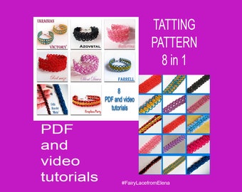 Tatting pattern celtic bracelets, set of 8, tatting and video tutorials.