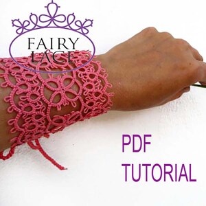 May include: A pink crocheted bracelet with a delicate floral pattern. The bracelet is tied with a pink cord. The image includes the text "PDF TUTORIAL".