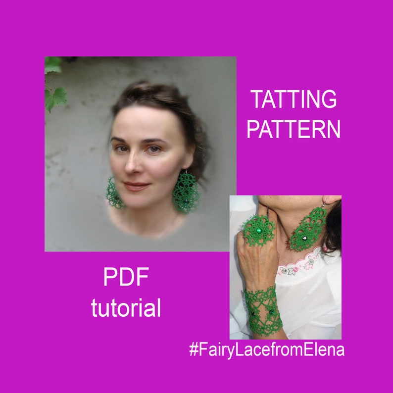 Tatting pattern bracelet and earrings Emerald , jewelry tutorial image 1