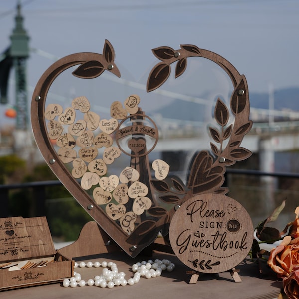 Personalized Wedding Guest Book Alternative - Rustic Acrylic Drop Box Sign with Hearts - Custom Wedding Welcome Sign & Decor