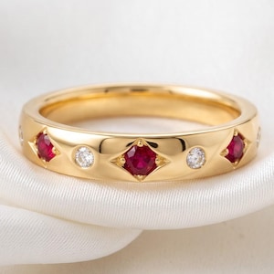 Ruby and Moissanite Half Eternity Ring, 14K Gold Anniversary Band for Women, Flush Set Stacking Ring, July Birthstone Wedding Band