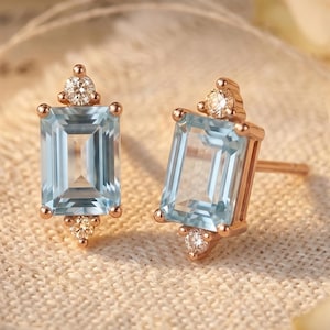 Emerald Cut Aquamarine Stud Earrings, Lab Created Pastel Blue Gemstone, Moissanite Minimalist March Birthstone Gift for Her, Bridal Jewelry