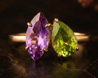 Toi et Moi Ring Amethyst & Peridot Two Stone Ring Marquise and Pear Gemstone Promise Ring Custom Birthstone Jewelry Anniversary Gift