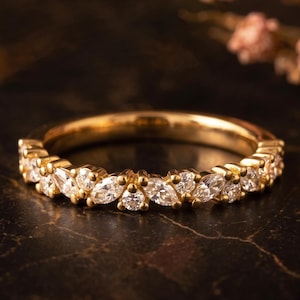 Marquise and Round Moissanite Half Eternity Band, Lab Created White Stone Wedding Ring, Gold Stacking Ring for Women, Anniversary Band