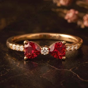 Heart Ruby Bow Ring, Moissanite Dainty Promise Ring, July Birthstone Jewelry, Romantic Anniversary Gift, Gold Coquette Ring for Women