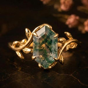 Solitaire zeshoek geslepen mosagaat ring natuur geïnspireerde bypass band ring 14K massief gouden statement sieraden blad band art deco ring cadeau voor haar