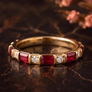 Half Eternity Ring, Baguette Ruby Moissanite Band, 14K Gold Plated Silver Stacking Ring, Red Gemstone Anniversary Gift for Her