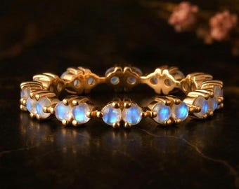 Anillo de eternidad completa con piedra lunar, anillo apilable delicado, anillo minimalista, anillo de eternidad de plata 925 Starling, anillo de promesa de amor