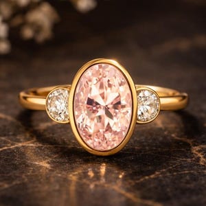 May include: A gold ring featuring a large, oval-cut pink gemstone, flanked by two smaller, round, clear gemstones. The ring has a simple, elegant design, perfect for a special occasion. The ring is set against a dark background.