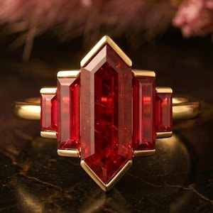 Vintage Hexagon & Baguette Cut Ruby Ring, Unique  Art Deco Half Bezel Set Ring, July Birthstone Gift Ring, Anniversary Gift Ring For Women's