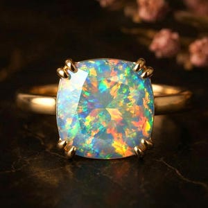 Cushion Cut Black Opal Ring, Minimalist Solitaire Ring, Dainty Jewelry, October Birthstone Ring, Single Stone Stackable Ring Women's Jewelry