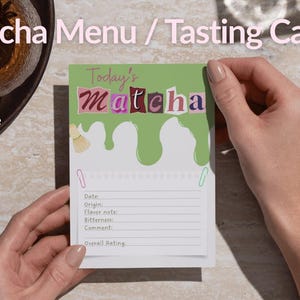 May include: A Matcha tasting card with the text "Matcha Menu / Tasting Card" at the top. The card has a green background with the word "Matcha" in a cut-out style. The card includes sections for date, origin, flavor notes, bitterness, comment, and overall rating.