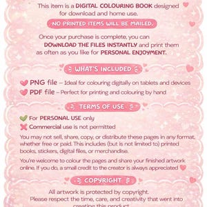 Puede incluir: Aviso de libro para colorear digital con dise&ntilde;o rosa y blanco. El texto incluye "AVISO IMPORTANTE", "LIBRO PARA COLOREAR DIGITAL" y "S&Oacute;LO PARA USO PERSONAL". Tambi&eacute;n enumera lo que se incluye: archivos PNG y PDF.