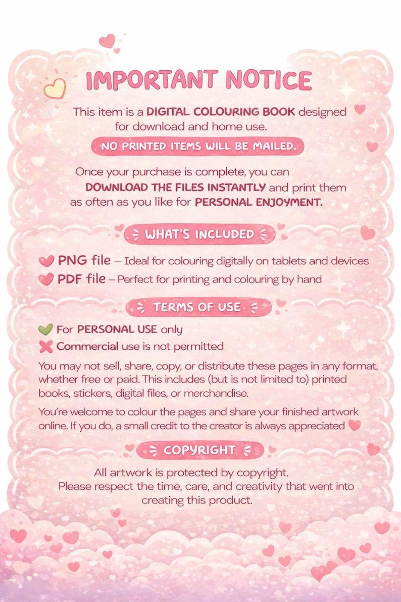 Puede incluir: Aviso de libro para colorear digital con dise&ntilde;o rosa y blanco. El texto incluye "AVISO IMPORTANTE", "LIBRO PARA COLOREAR DIGITAL" y "S&Oacute;LO PARA USO PERSONAL". Tambi&eacute;n enumera lo que se incluye: archivos PNG y PDF.