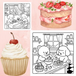Puede incluir: Una colecci&oacute;n de ilustraciones en acuarela con postres y lindos personajes de animales. Incluye un pastel de dos capas con fresas, una magdalena con una cereza y escenas de animales disfrutando de la comida y cocinando.