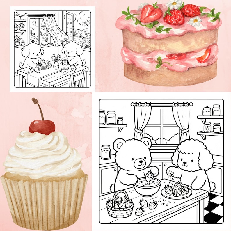 Puede incluir: Una colecci&oacute;n de ilustraciones en acuarela con postres y lindos personajes de animales. Incluye un pastel de dos capas con fresas, una magdalena con una cereza y escenas de animales disfrutando de la comida y cocinando.