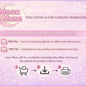 Puede incluir: Anuncio de descarga digital con fondo rosa y morado. El logotipo de Moon & Muse est&aacute; en la parte superior. El texto incluye "ESTE LISTADO ES S&Oacute;LO PARA UNA DESCARGA DIGITAL" y detalles sobre la recepci&oacute;n de archivos PNG y PDF despu&eacute;s de la compra.