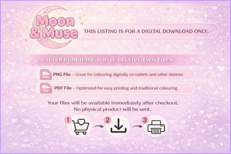 Puede incluir: Anuncio de descarga digital con fondo rosa y morado. El logotipo de Moon & Muse est&aacute; en la parte superior. El texto incluye "ESTE LISTADO ES S&Oacute;LO PARA UNA DESCARGA DIGITAL" y detalles sobre la recepci&oacute;n de archivos PNG y PDF despu&eacute;s de la compra.
