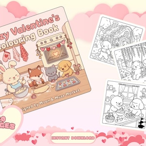 Puede incluir: Un "Libro para colorear Cozy Valentine" con ilustraciones de animales horneando y p&aacute;ginas para colorear. La portada presenta un conejo, un zorro, un gato y un perro. El libro tiene 40 p&aacute;ginas.
