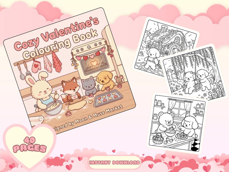 Puede incluir: Un "Libro para colorear Cozy Valentine" con ilustraciones de animales horneando y p&aacute;ginas para colorear. La portada presenta un conejo, un zorro, un gato y un perro. El libro tiene 40 p&aacute;ginas.