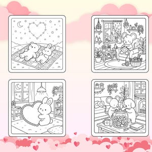 Puede incluir: Cuatro ilustraciones cuadradas con tem&aacute;tica de San Valent&iacute;n. Una muestra un oso y un conejo en una manta bajo una constelaci&oacute;n en forma de coraz&oacute;n. Otra representa un rat&oacute;n tejiendo un coraz&oacute;n. Un conejito abraza un coraz&oacute;n, y un rat&oacute;n y un perro comparten un tarro de corazones.