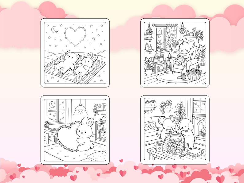 Puede incluir: Cuatro ilustraciones cuadradas con tem&aacute;tica de San Valent&iacute;n. Una muestra un oso y un conejo en una manta bajo una constelaci&oacute;n en forma de coraz&oacute;n. Otra representa un rat&oacute;n tejiendo un coraz&oacute;n. Un conejito abraza un coraz&oacute;n, y un rat&oacute;n y un perro comparten un tarro de corazones.