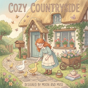 Op de afbeelding: Illustratie van een schattig huisje met een rieten dak, een vrouw in een blauwe jurk die een eendje aait, en de tekst "COZY COUNTRYSIDE" en "DESIGNED BY MOON AND MUSE". De scène bevat eenden, bloemen en een houten kar.
