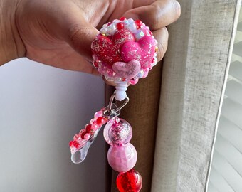 Valentines Heart Cluster Badge Reel, Rhinestone Alligator/Belt Clip, Lanyard