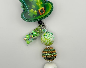 St Patricks Hat Badge Reel, Rhinestone Alligator/Belt Clip, Lanyard