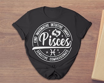 Camiseta del signo zodiacal Piscis, camiseta vintage con insignia de astrología, Piscis amable, imaginativo y compasivo