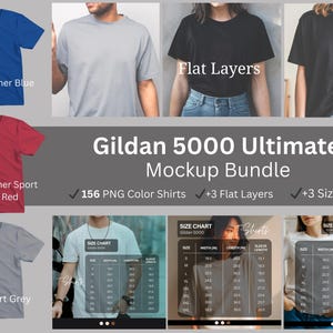 May include: A mockup bundle featuring various Gildan 5000 t-shirts in different colors, including blue, red, and gray. The image also displays flat layers and size charts. The text on the image reads "Gildan 5000 Ultimate Mockup Bundle".