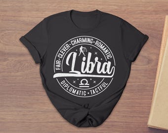 Camiseta del signo zodiacal Libra, encantadora camiseta del horóscopo con balanza, regalo de cumpleaños de septiembre y octubre