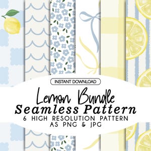 Puede incluir: Un paquete de descarga digital de seis patrones sin costuras. Los patrones presentan limones, diseños florales, líneas onduladas y cuadros vichy en tonos de amarillo, azul y blanco. Se muestra el texto "Lemon Bundle seamless Pattern".