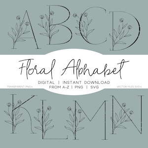Puede incluir: Descarga digital de un alfabeto floral con las letras A, B, C, D, K, L, M y N. Cada letra está adornada con delicadas ilustraciones florales. El texto "Floral Alphabet" se muestra en una elegante escritura, con detalles sobre los formatos de archivo digital.