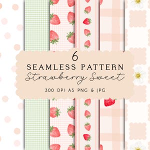 Puede incluir: Una colección de seis patrones digitales sin costuras con motivos de fresas, cuadros vichy y lunares en tonos rosa, rojo y verde. El texto central dice 6 SEAMLESS PATTERN Strawberry Sweet 300 DPI AS PNG & JPG.