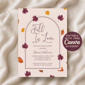 Fall in Love, Autumn, Fall Bridal Shower Invitation Template Editable in Canva